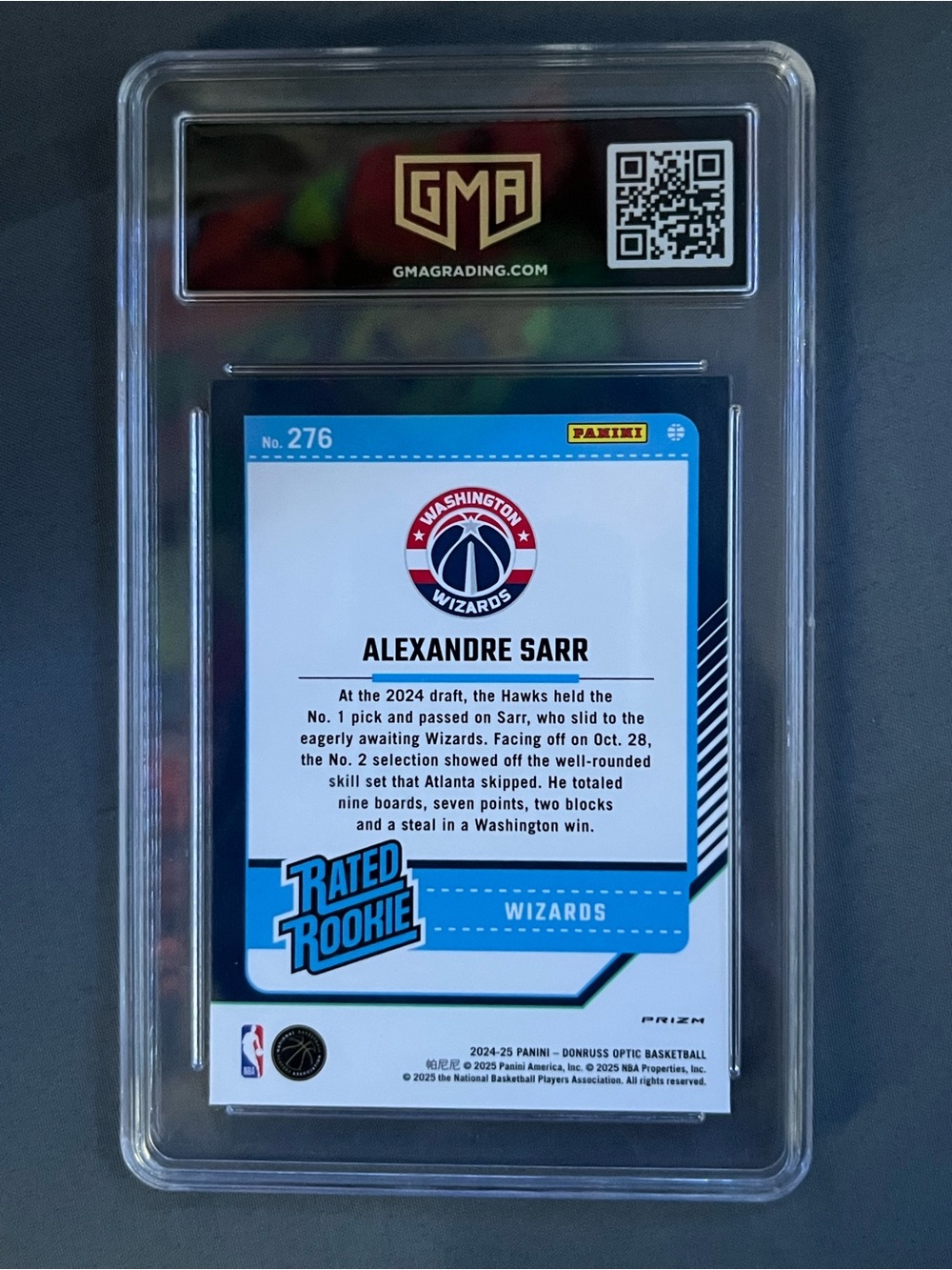 Gem Mint 10 2024 Donruss Optic Alexandre Sarr Rated Rookie Purple Prizm
